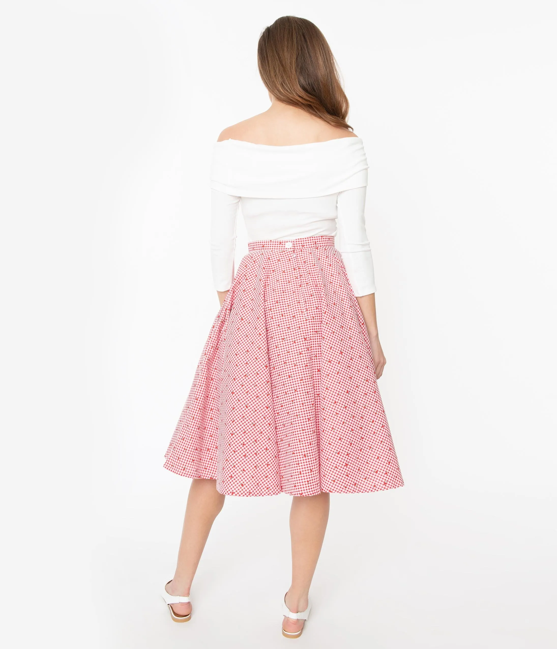 1950s Red & White Gingham Cherry Print Swing Skirt