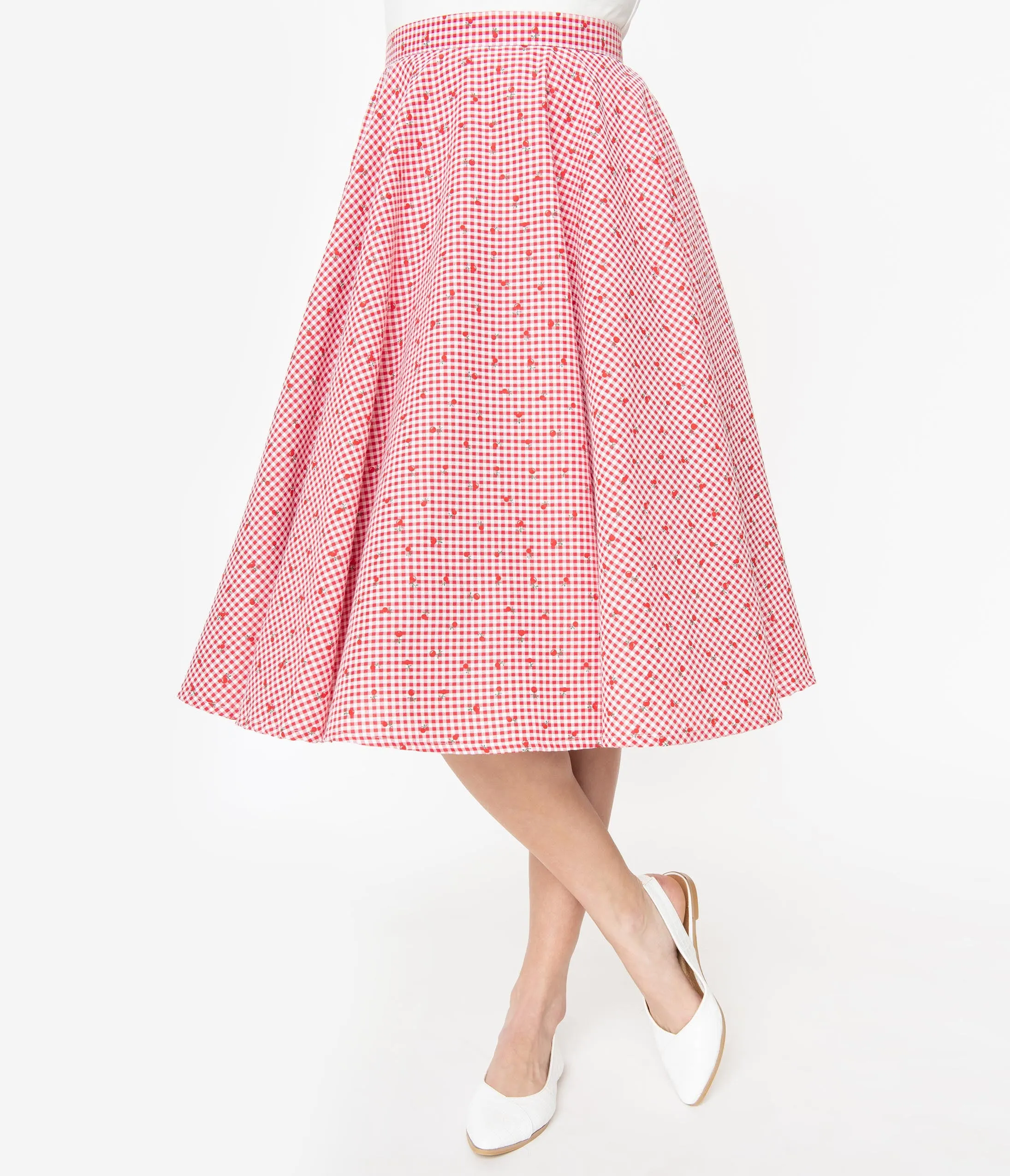 1950s Red & White Gingham Cherry Print Swing Skirt