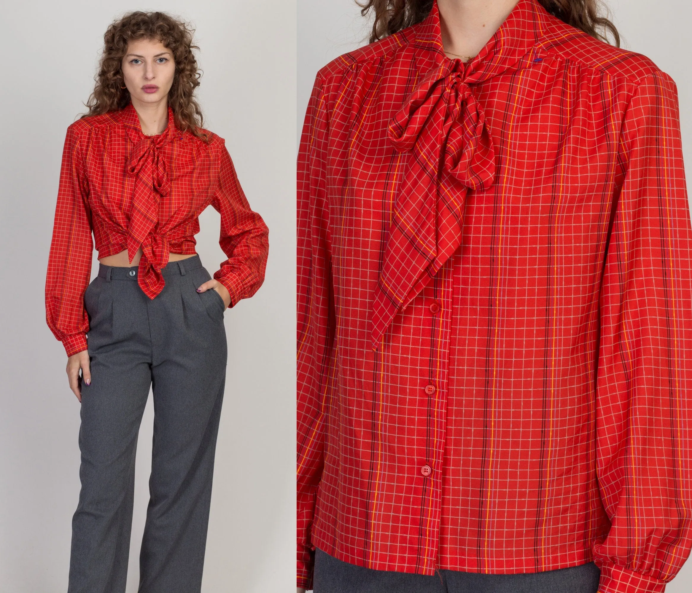 80s Red Grid Striped Secretary Blouse - Large to XL