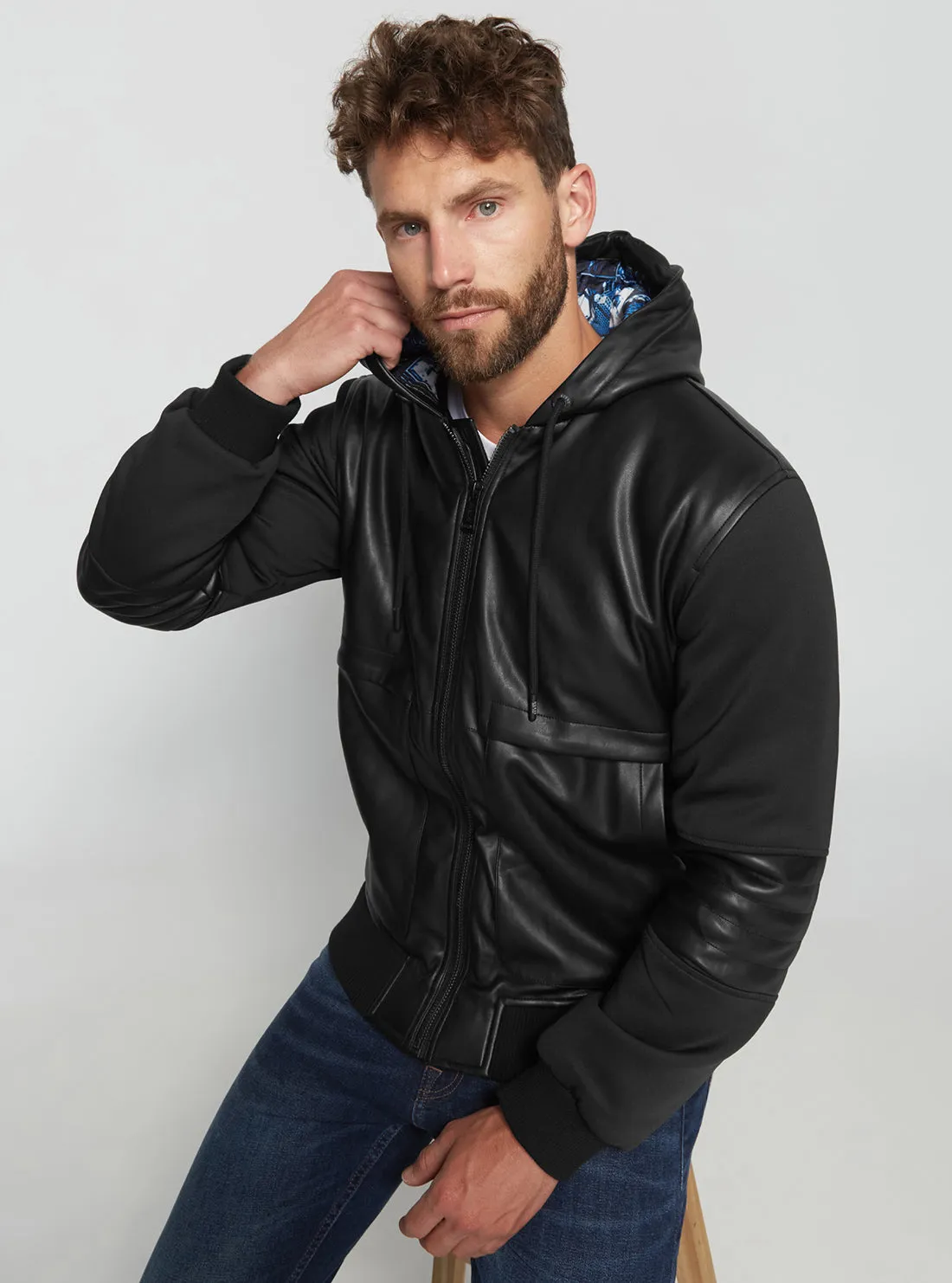 Black Downtown Faux Leather Bomber Jacket