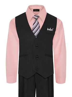 Boys Vest Pants Pinstriped 5 Piece Set With Shirt And Tie - Pink