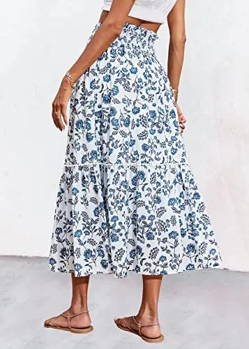 BTFBM Women 2023 Spring Summer Floral Long Skirts Casual Elastic High Waist Pleated Swing A Line Boho Beach Maxi Skirt(Floral Dark Blue, Medium)