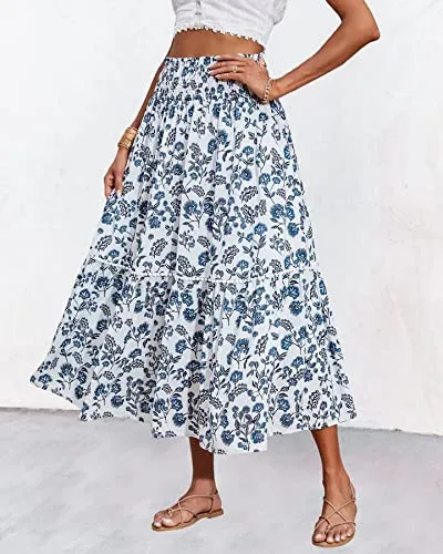 BTFBM Women 2023 Spring Summer Floral Long Skirts Casual Elastic High Waist Pleated Swing A Line Boho Beach Maxi Skirt(Floral Dark Blue, Medium)