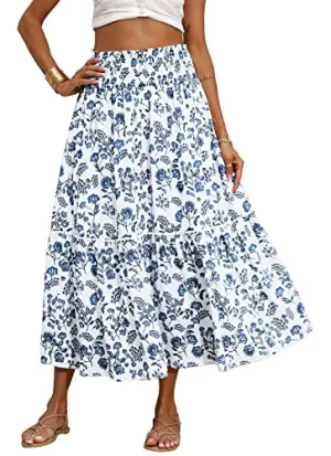 BTFBM Women 2023 Spring Summer Floral Long Skirts Casual Elastic High Waist Pleated Swing A Line Boho Beach Maxi Skirt(Floral Dark Blue, Medium)