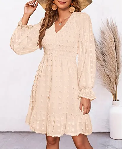 BTFBM Women Long Sleeve V Neck Smocked Short Dress Flowy Casual SwissDot Ruffle Mini Babydoll Spring Summer Dresses 2023(Solid Apricot, XX-Large)