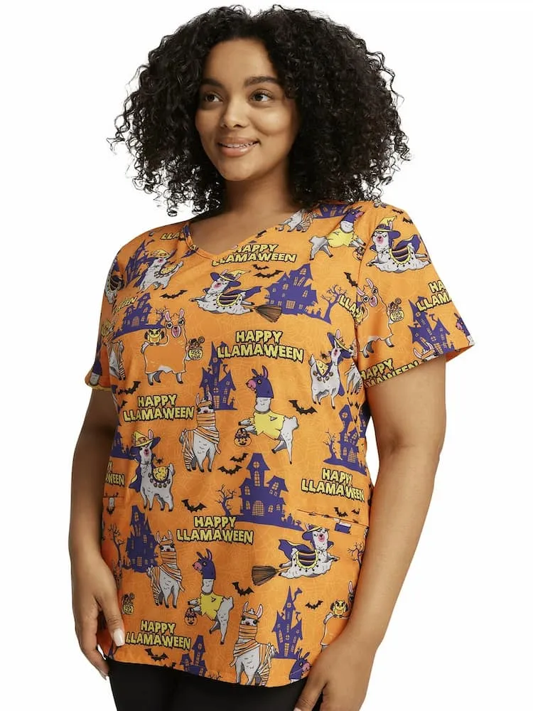 Cherokee Women's V-Neck Print Scrub Top | Happy Llamaween