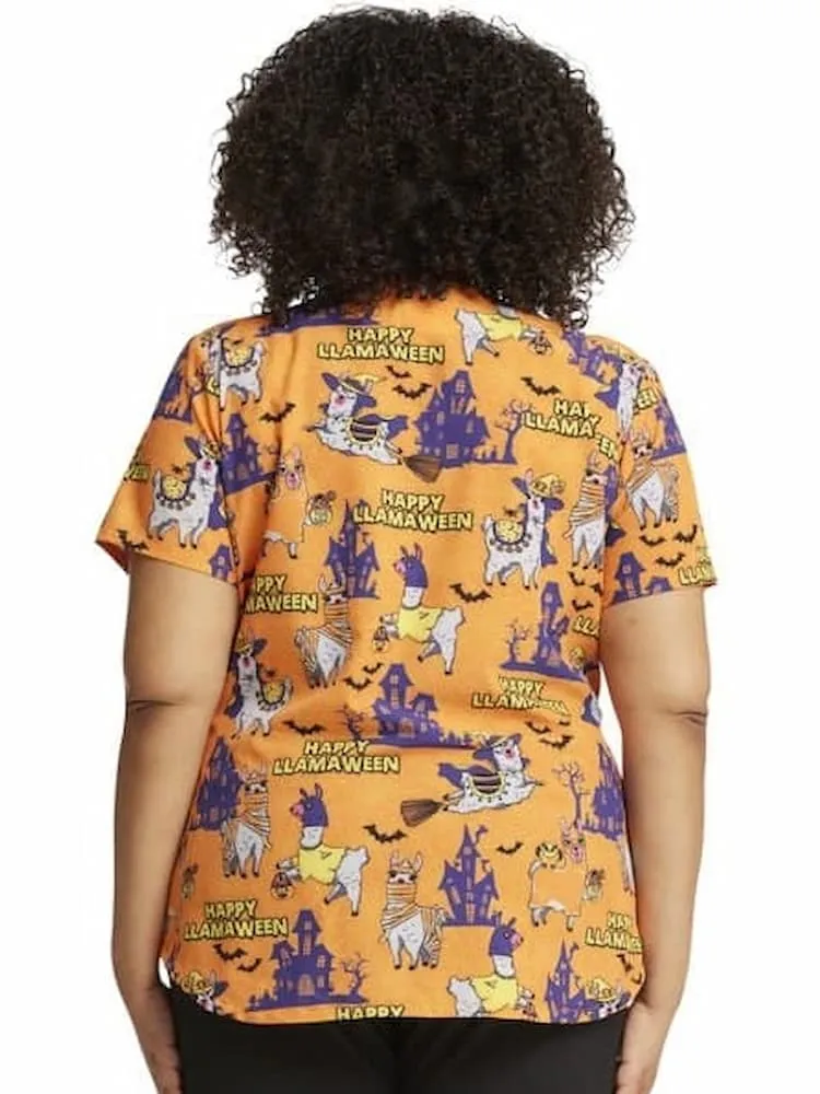 Cherokee Women's V-Neck Print Scrub Top | Happy Llamaween