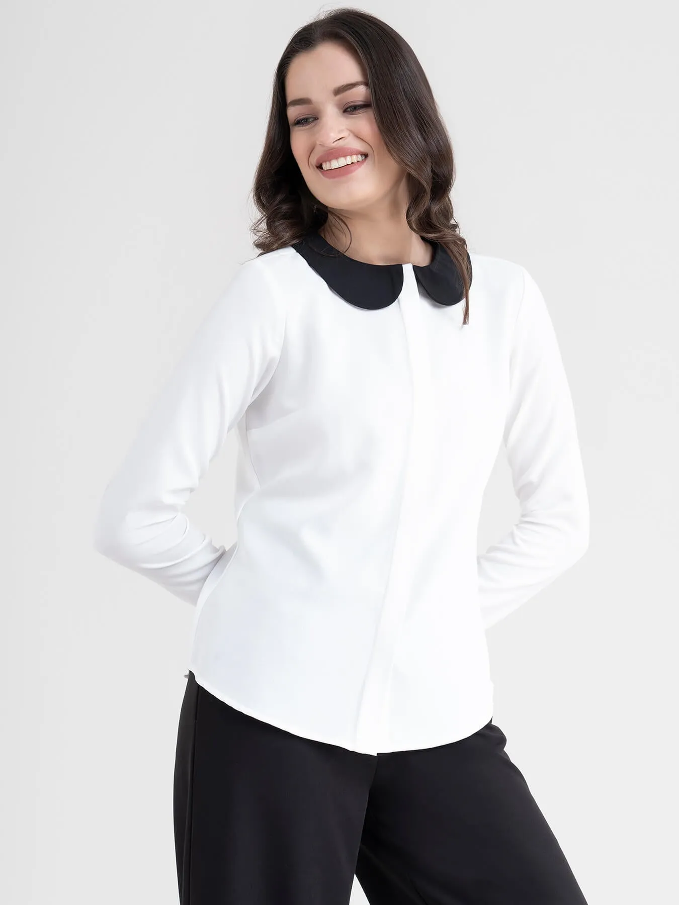 Colour Block Peter Pan Collared Shirt - Black And White