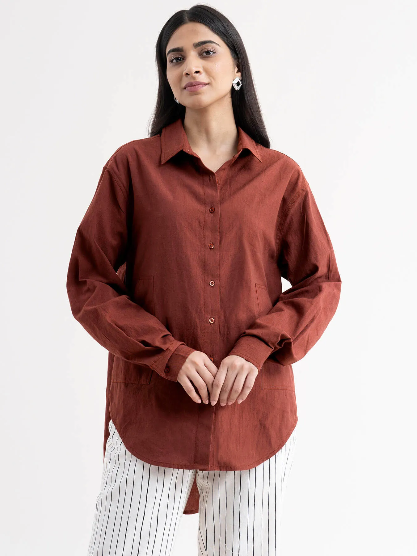 Cotton Oversized Shirt - Brown