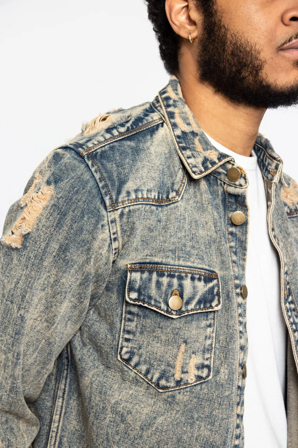 Distressed Denim Button Up Shirt Jacket