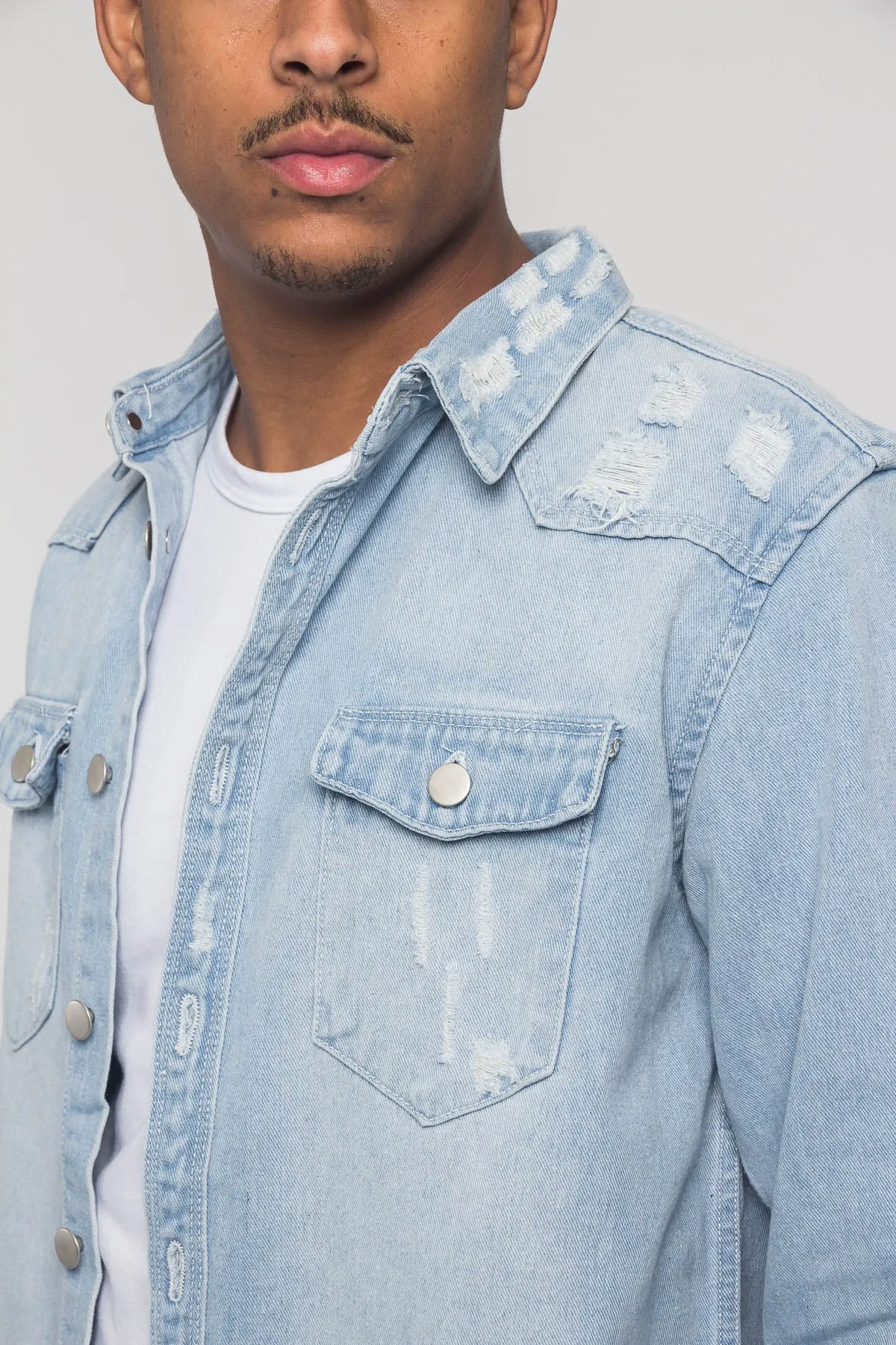 Distressed Denim Button Up Shirt Jacket