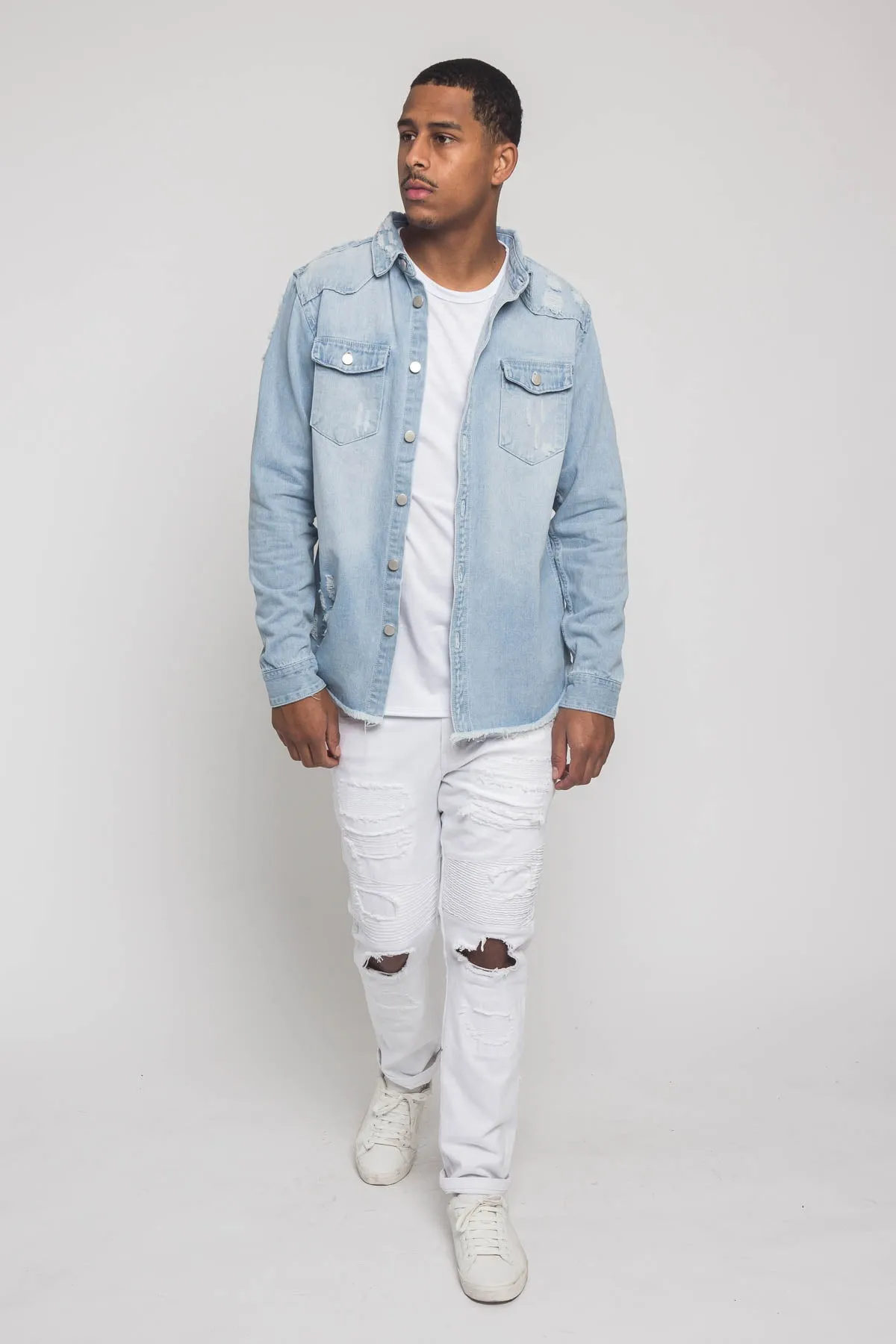 Distressed Denim Button Up Shirt Jacket