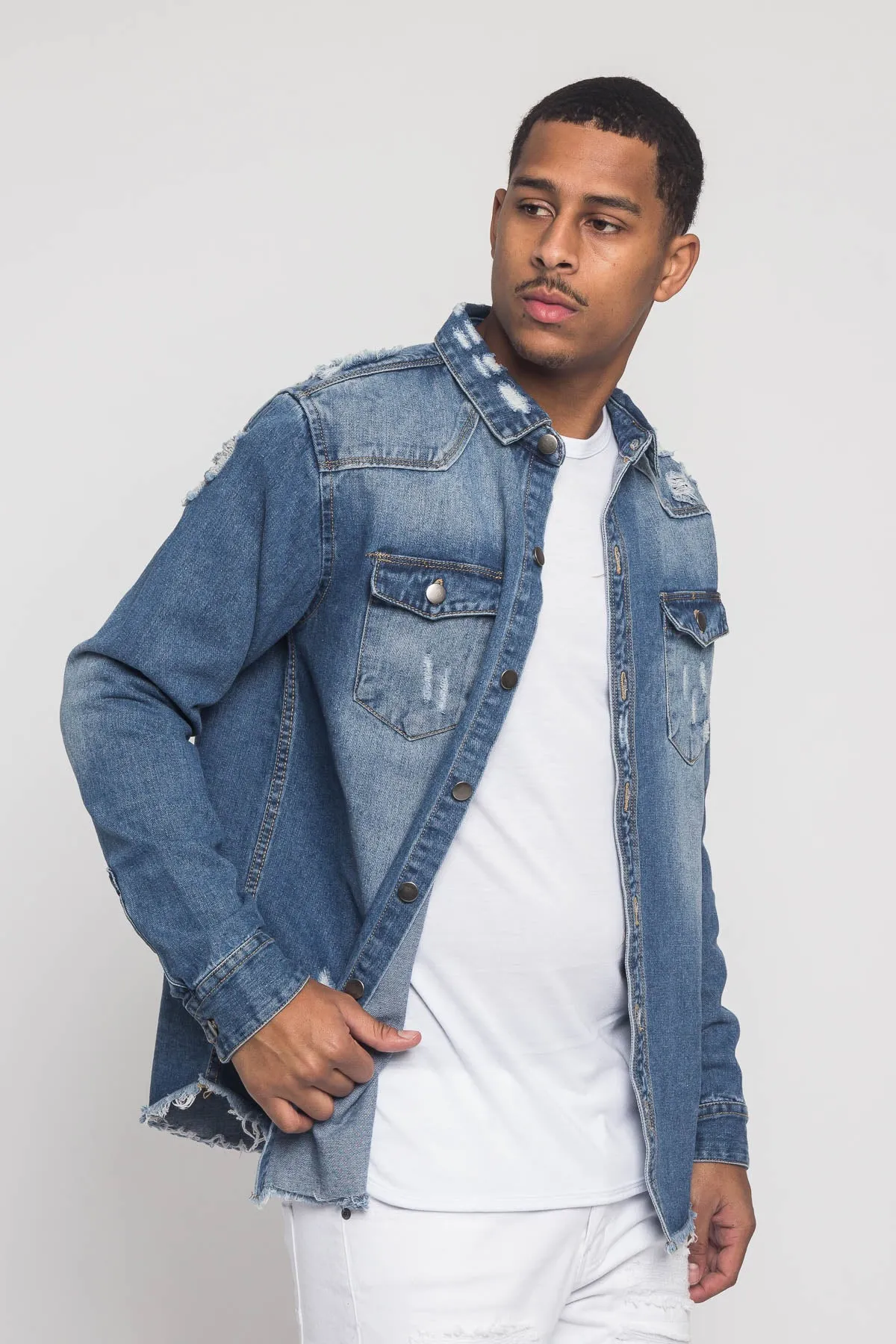 Distressed Denim Button Up Shirt Jacket