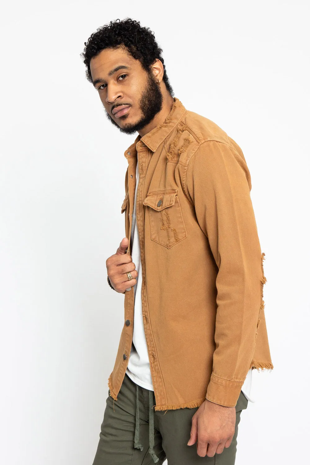 Distressed Denim Button Up Shirt Jacket