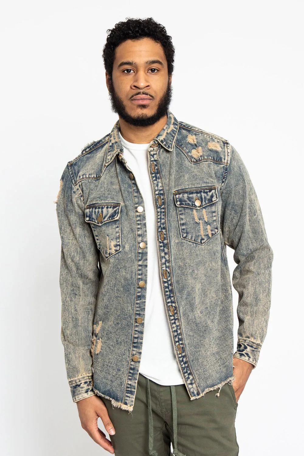 Distressed Denim Button Up Shirt Jacket