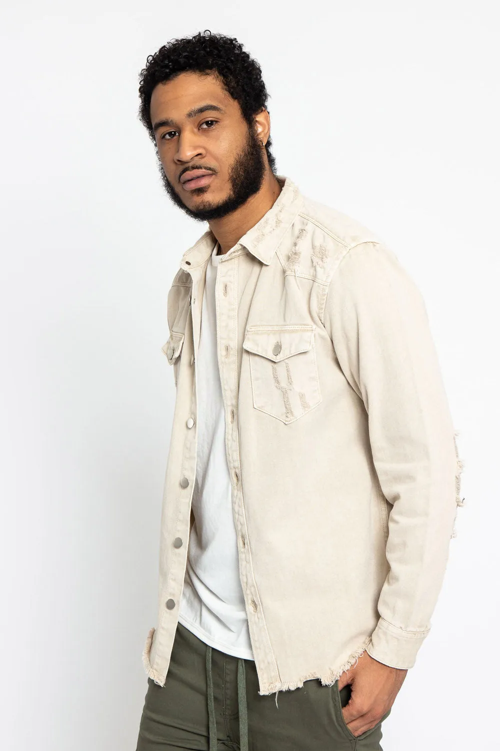 Distressed Denim Button Up Shirt Jacket