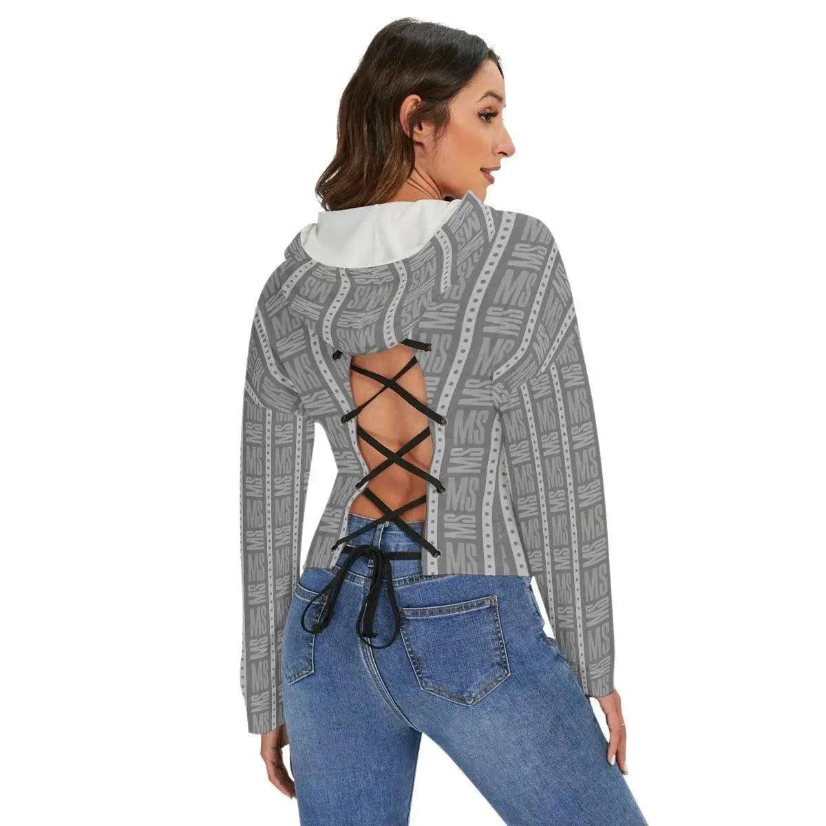 Drop-shoulder Backless Gray Hoodie With String