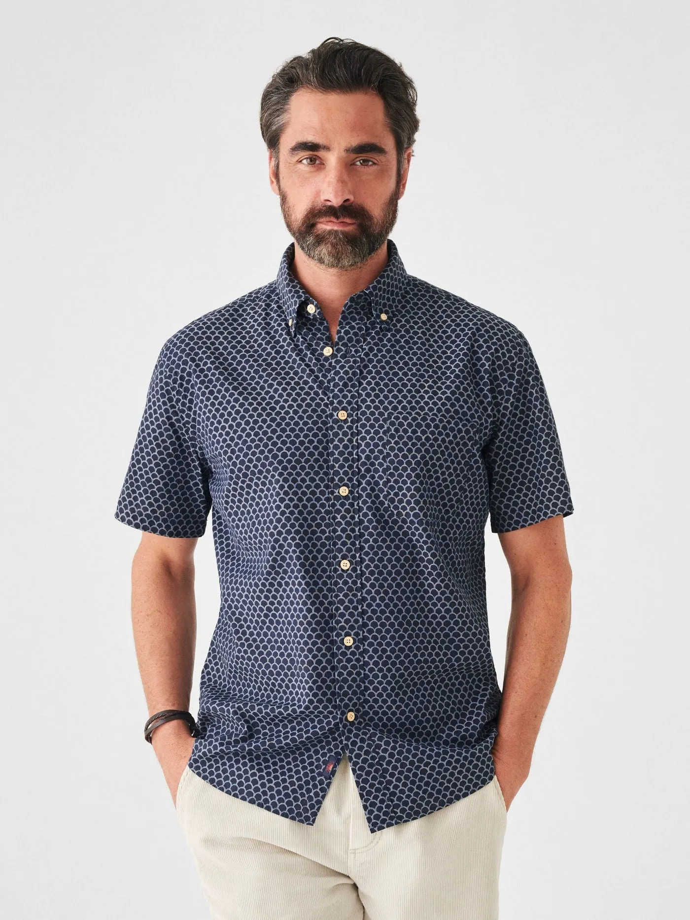 Faherty Short Sleeve Stretch Playa Shirt in Midnight Fishscale