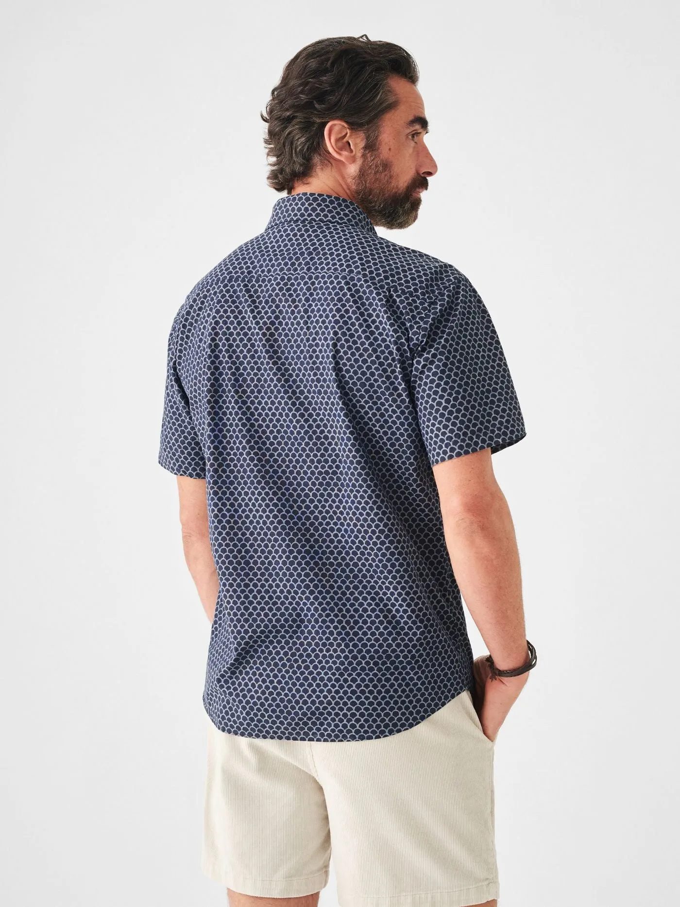 Faherty Short Sleeve Stretch Playa Shirt in Midnight Fishscale