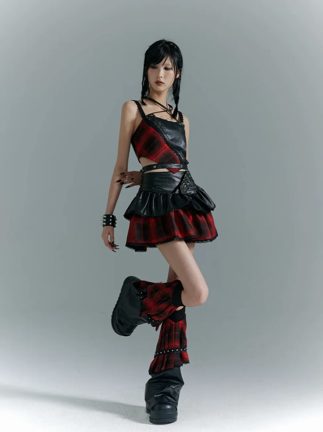 Frustration Garden Punk Rock Mini Skirt - Red Plaid with Black Leather Ruffle Overlay and Studded Belt