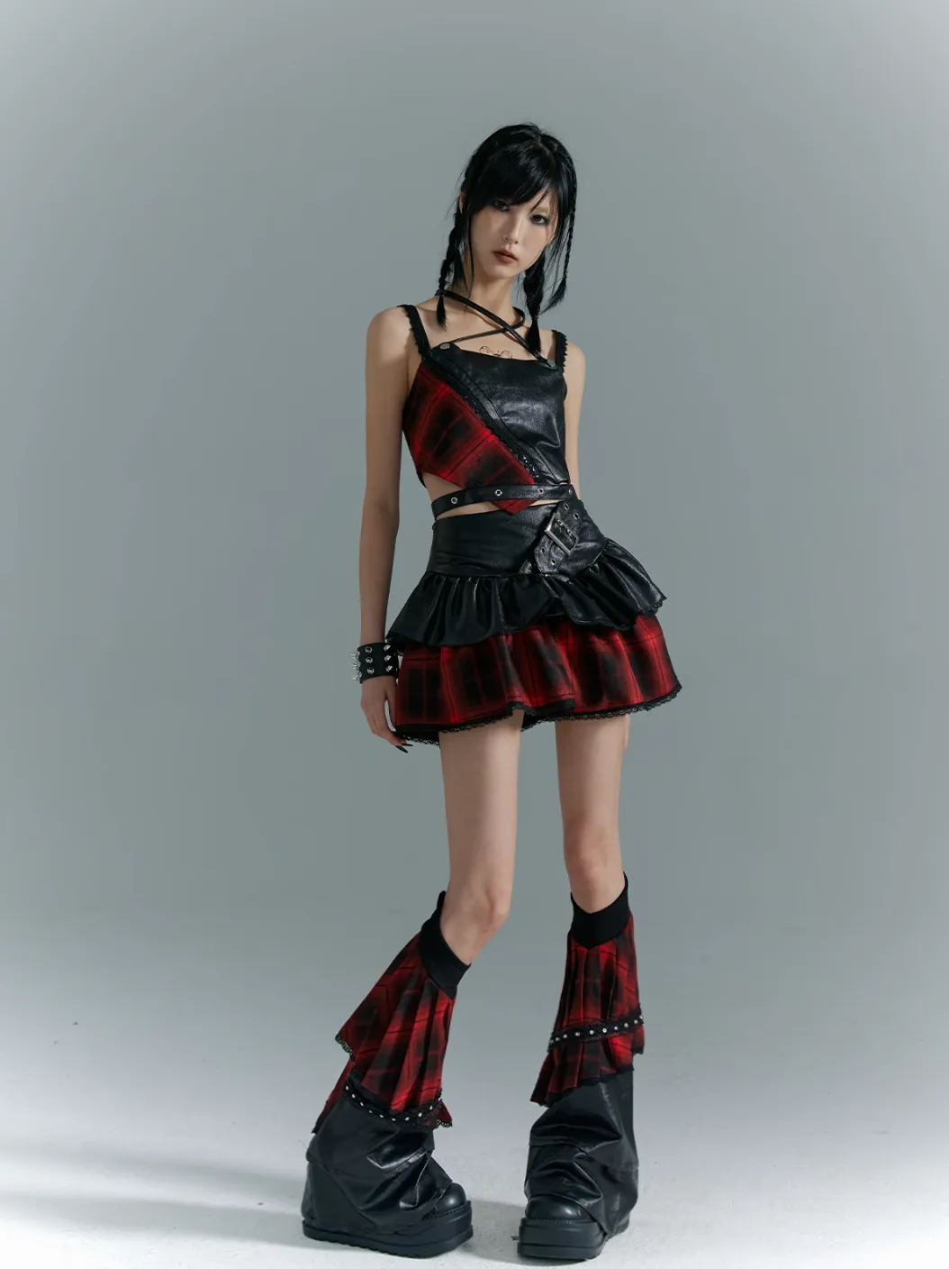 Frustration Garden Punk Rock Mini Skirt - Red Plaid with Black Leather Ruffle Overlay and Studded Belt