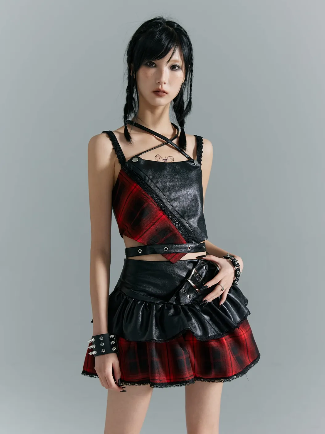 Frustration Garden Punk Rock Mini Skirt - Red Plaid with Black Leather Ruffle Overlay and Studded Belt