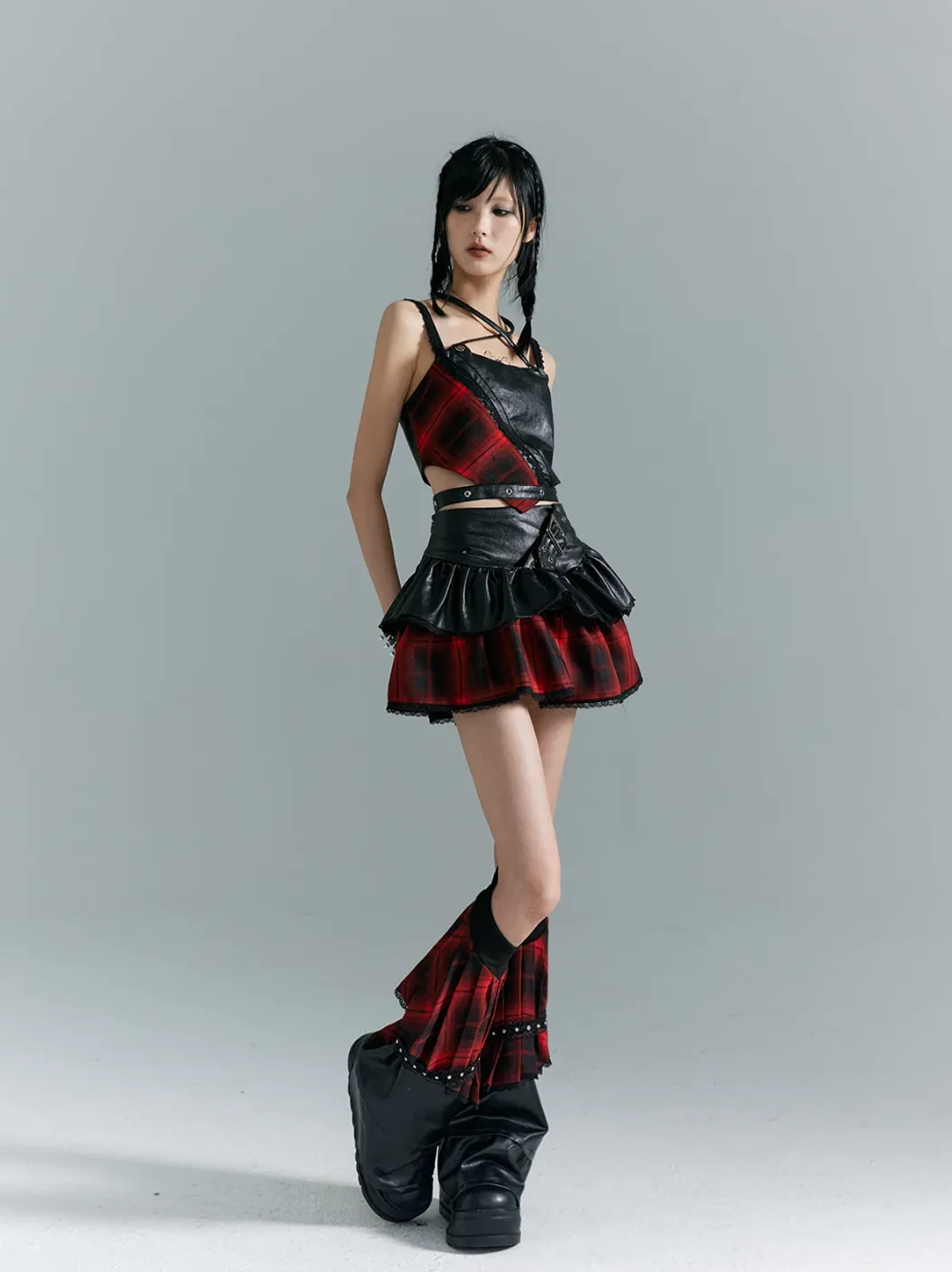 Frustration Garden Punk Rock Mini Skirt - Red Plaid with Black Leather Ruffle Overlay and Studded Belt