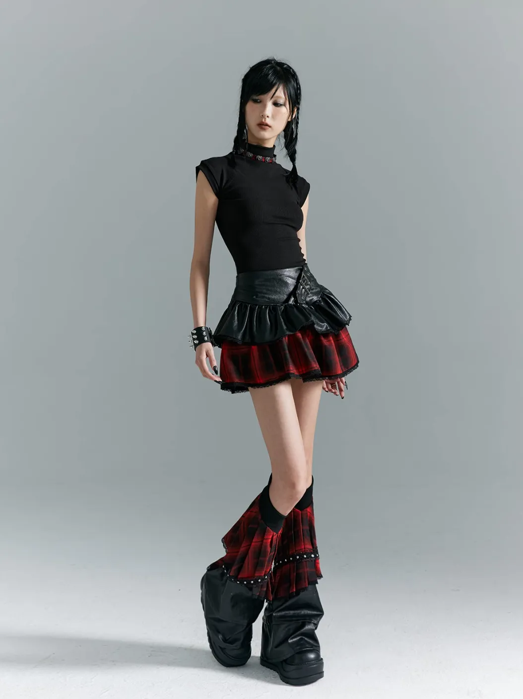 Frustration Garden Punk Rock Mini Skirt - Red Plaid with Black Leather Ruffle Overlay and Studded Belt