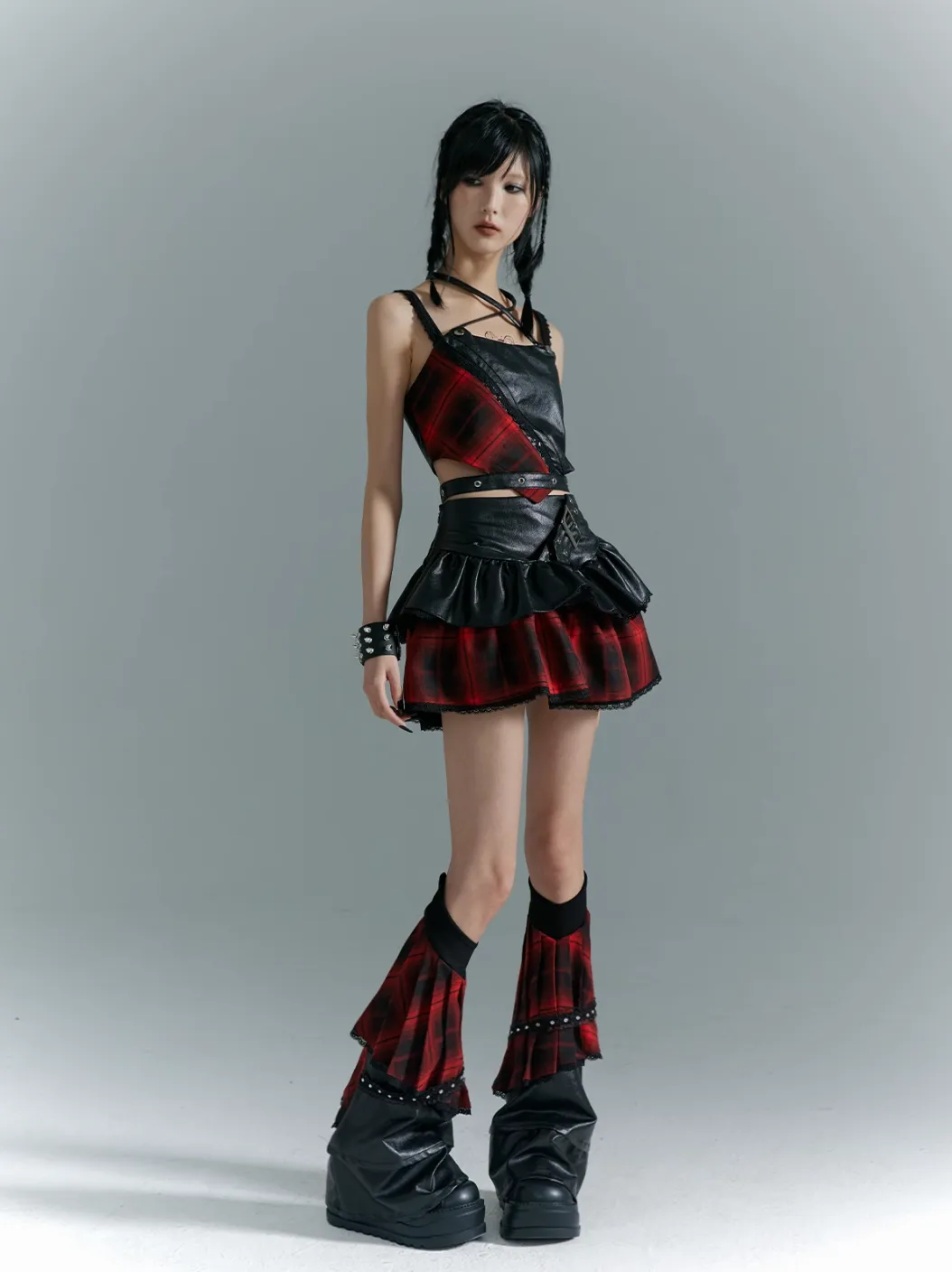 Frustration Garden Punk Rock Mini Skirt - Red Plaid with Black Leather Ruffle Overlay and Studded Belt