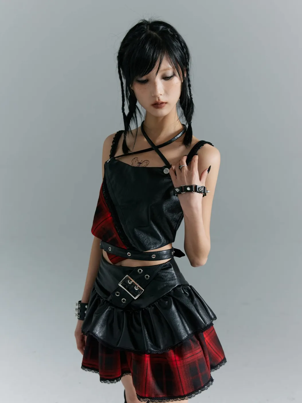 Frustration Garden Punk Rock Mini Skirt - Red Plaid with Black Leather Ruffle Overlay and Studded Belt