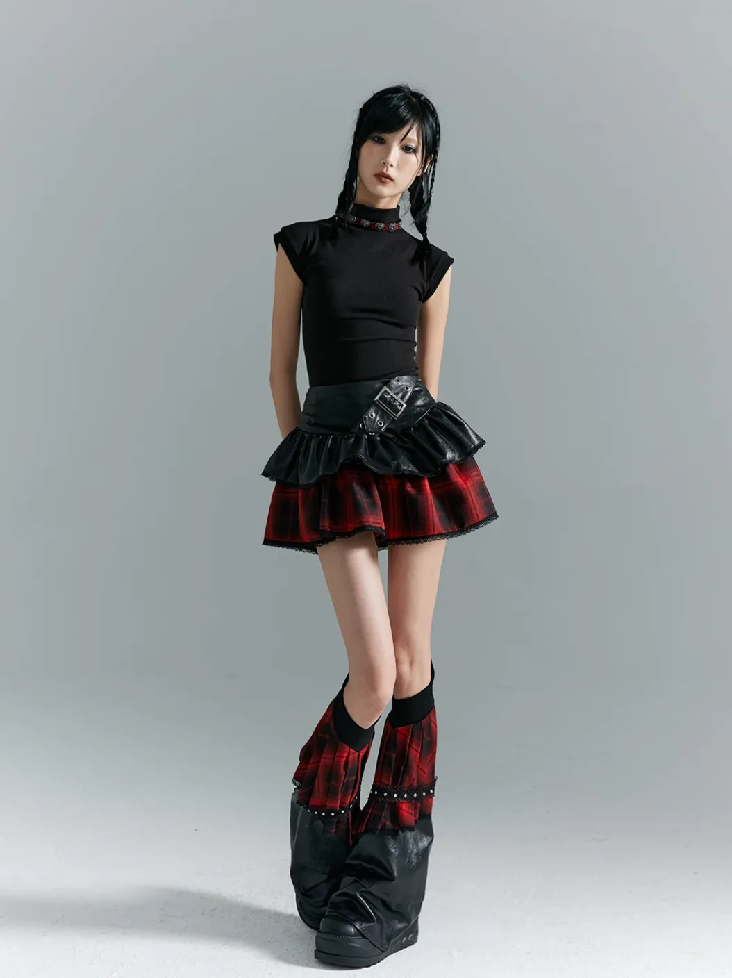 Frustration Garden Punk Rock Mini Skirt - Red Plaid with Black Leather Ruffle Overlay and Studded Belt