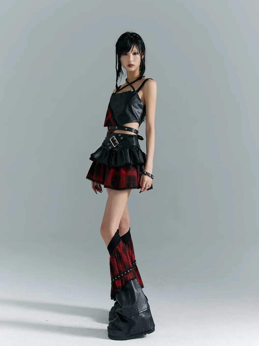 Frustration Garden Punk Rock Mini Skirt - Red Plaid with Black Leather Ruffle Overlay and Studded Belt