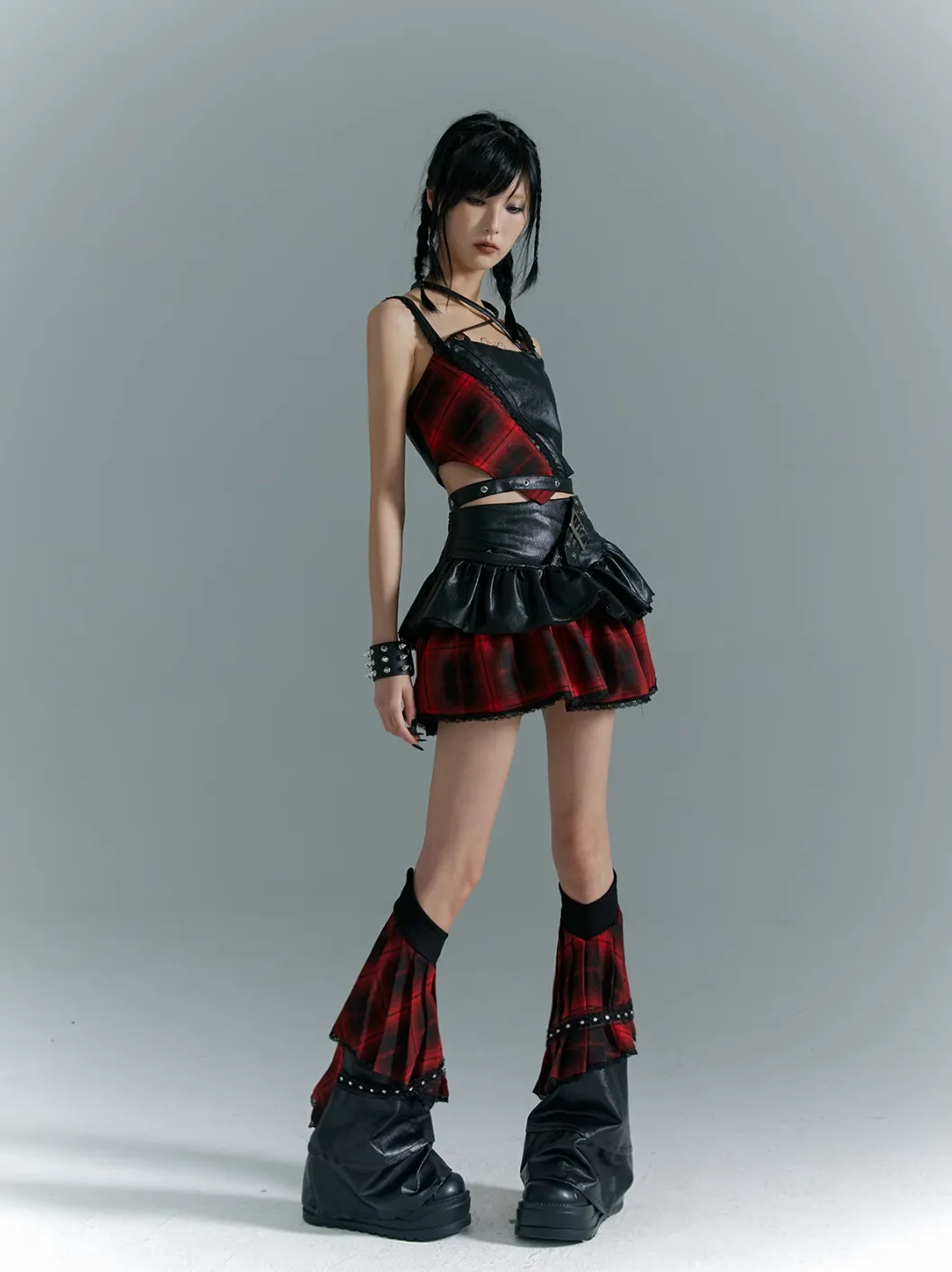 Frustration Garden Punk Rock Mini Skirt - Red Plaid with Black Leather Ruffle Overlay and Studded Belt