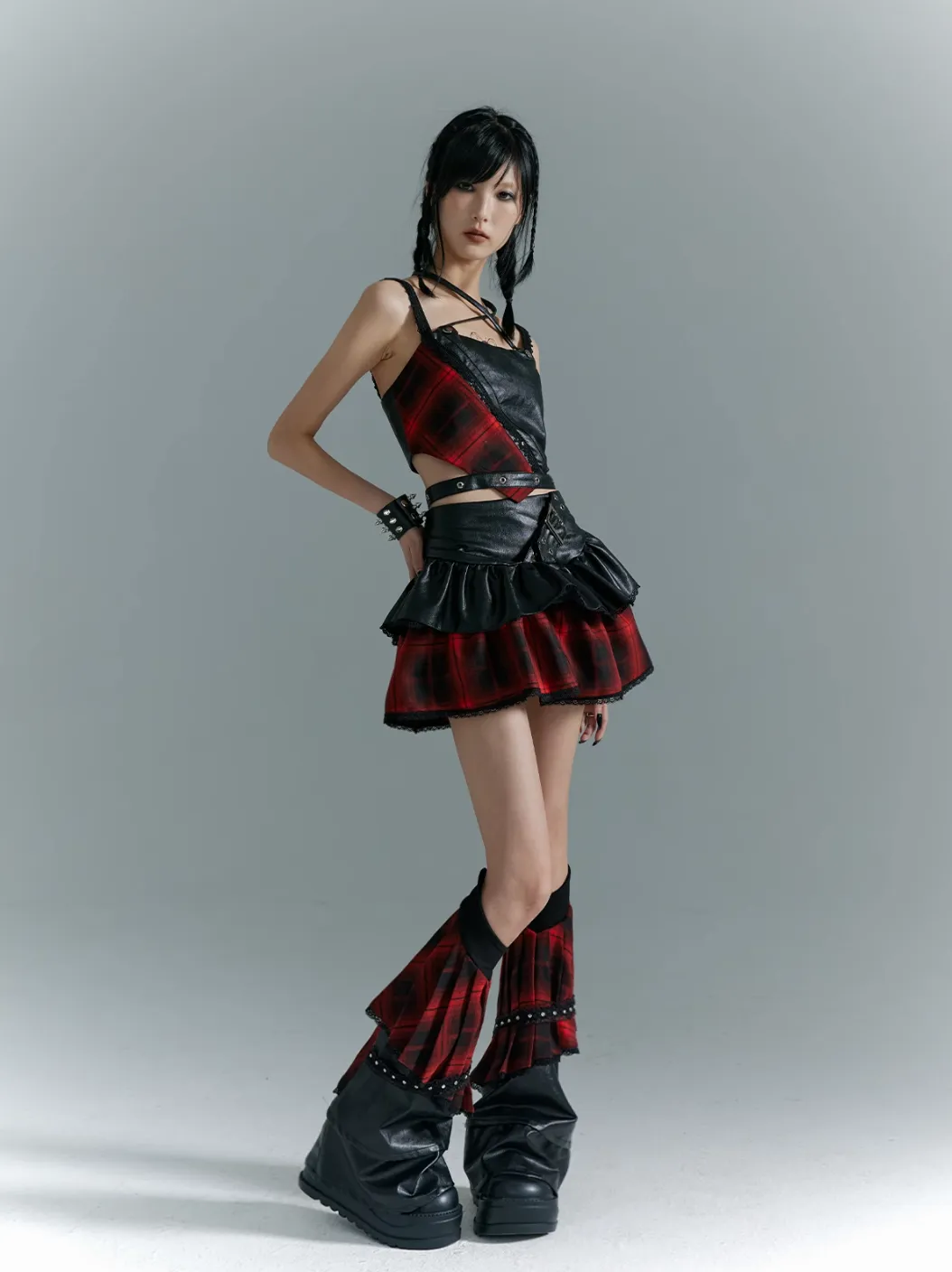 Frustration Garden Punk Rock Mini Skirt - Red Plaid with Black Leather Ruffle Overlay and Studded Belt