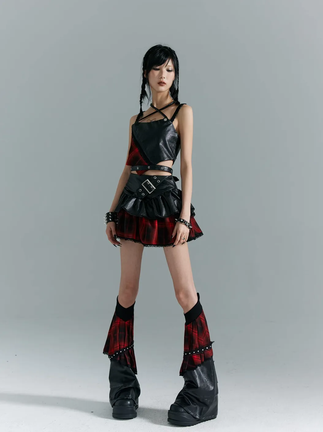 Frustration Garden Punk Rock Mini Skirt - Red Plaid with Black Leather Ruffle Overlay and Studded Belt