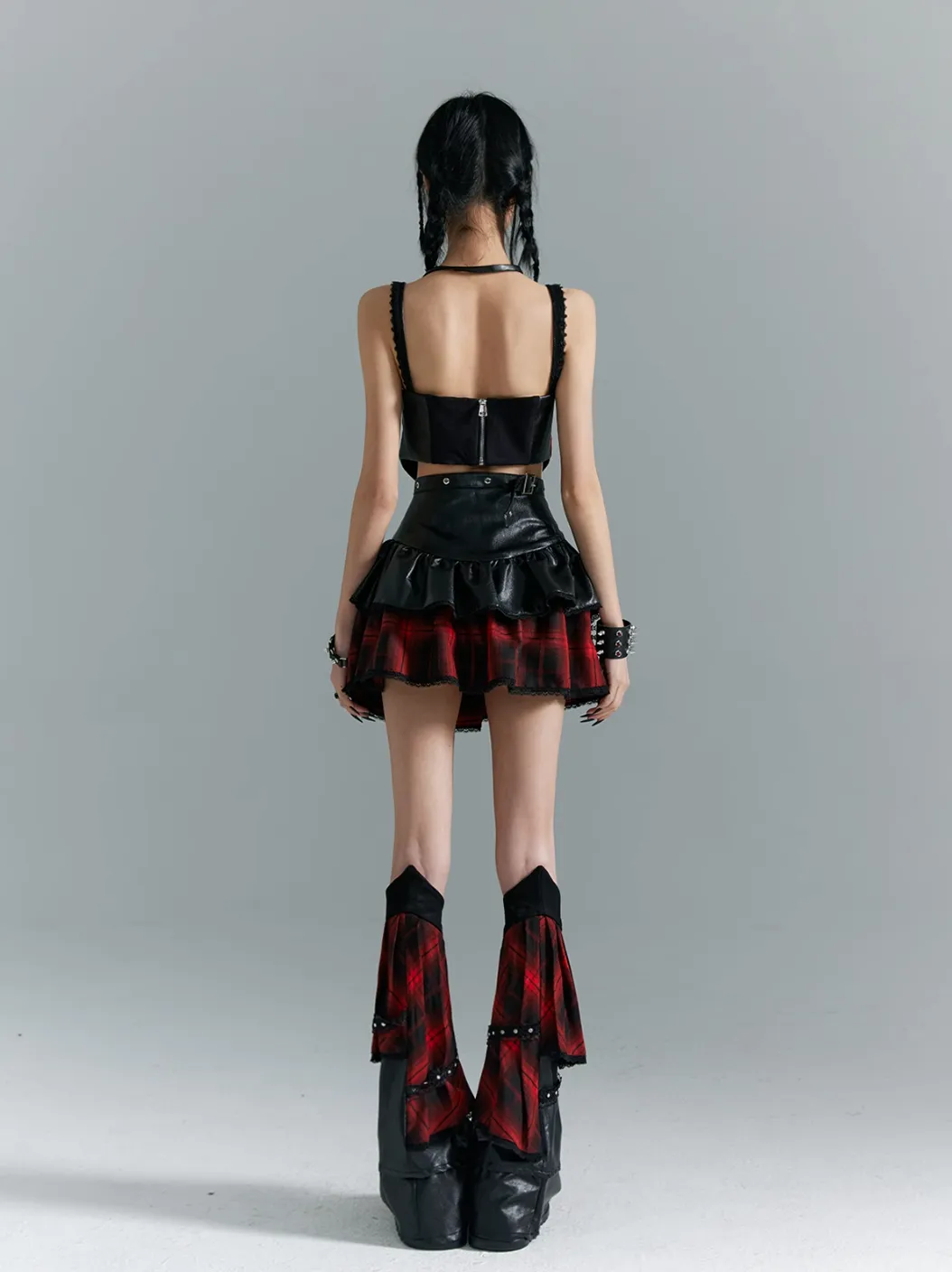 Frustration Garden Punk Rock Mini Skirt - Red Plaid with Black Leather Ruffle Overlay and Studded Belt