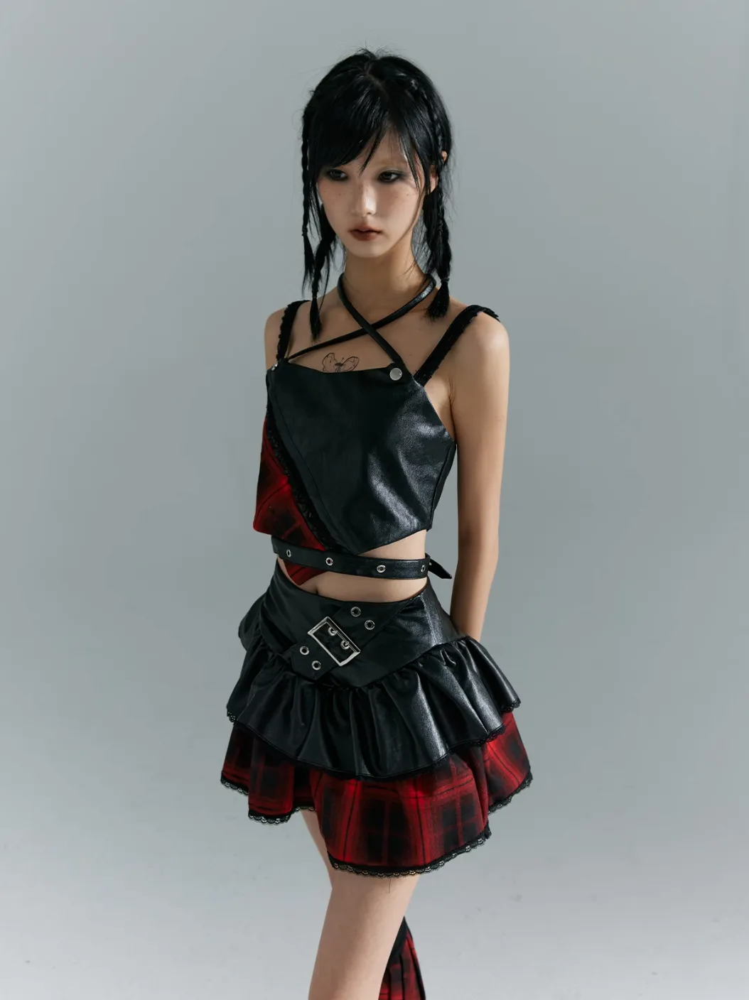 Frustration Garden Punk Rock Mini Skirt - Red Plaid with Black Leather Ruffle Overlay and Studded Belt