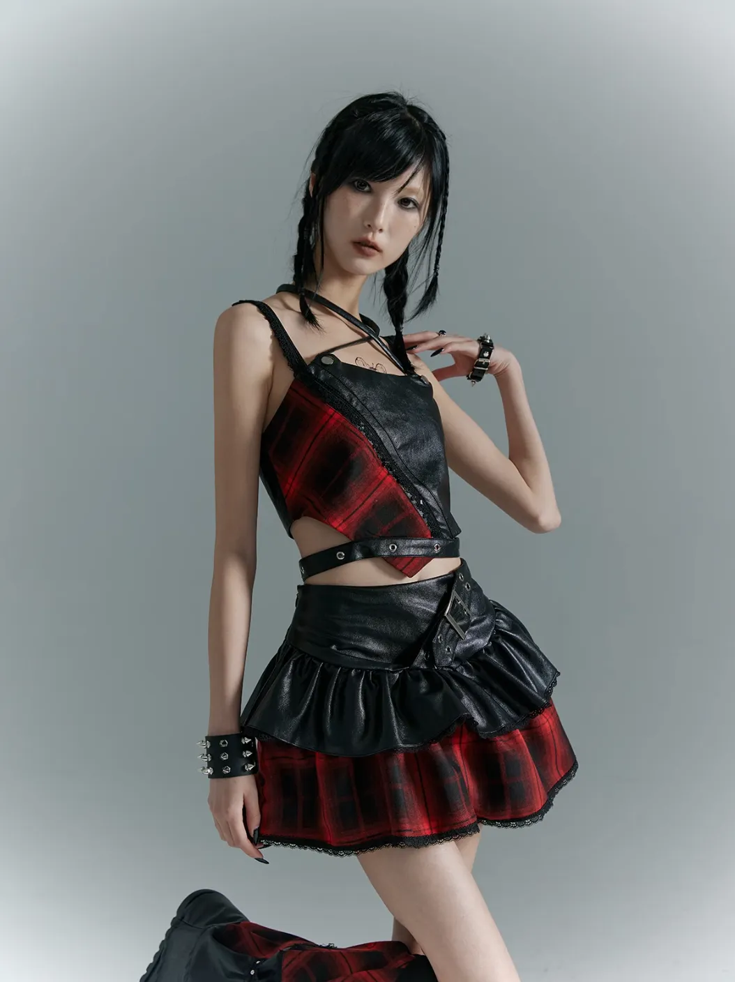 Frustration Garden Punk Rock Mini Skirt - Red Plaid with Black Leather Ruffle Overlay and Studded Belt