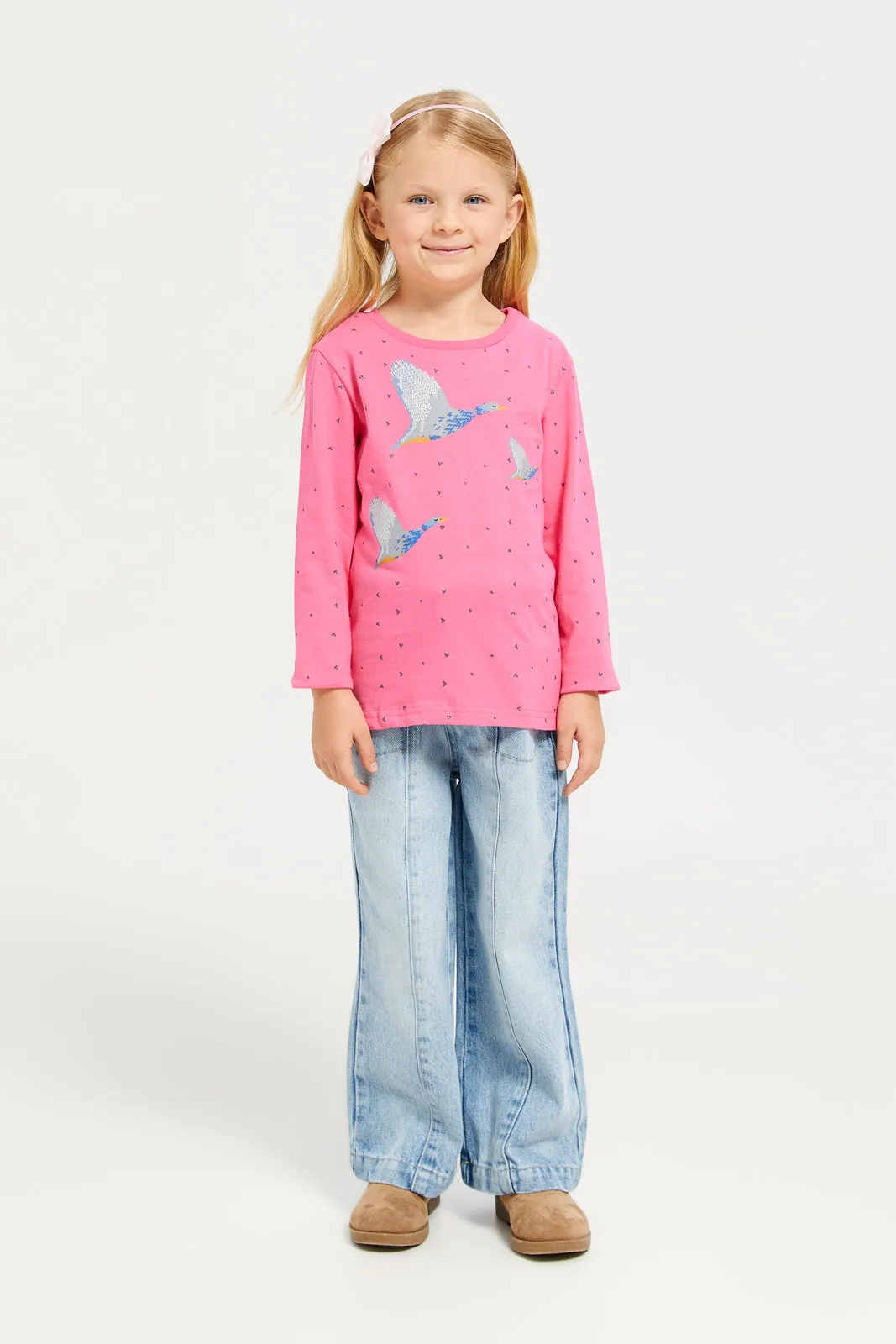 Girls Pink Birds Printed T-Shirt