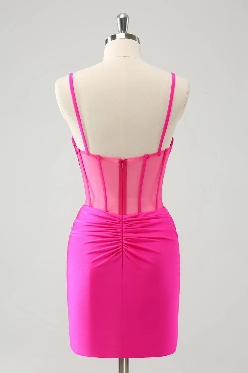 Glitter Fuchsia Spaghetti Straps Tight Corset Mini Dress with Beading