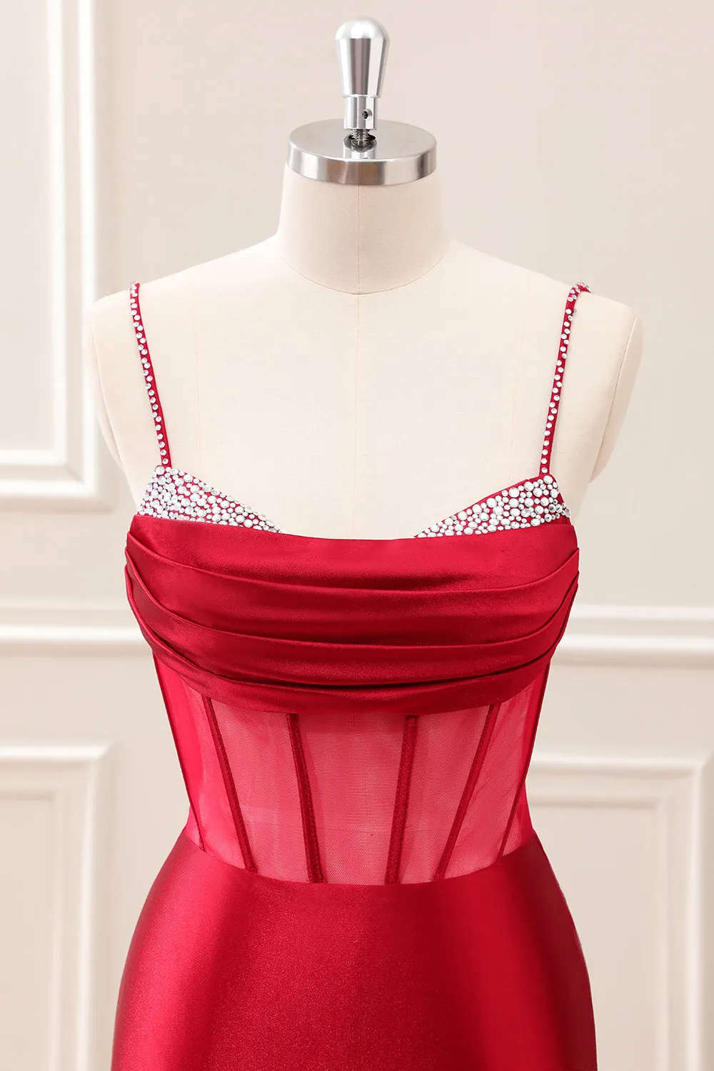 Glitter Fuchsia Spaghetti Straps Tight Corset Mini Dress with Beading