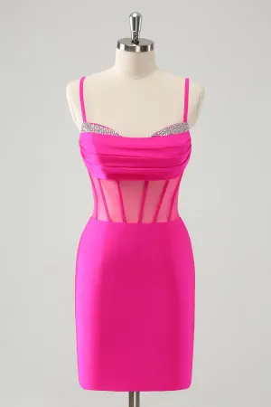 Glitter Fuchsia Spaghetti Straps Tight Corset Mini Dress with Beading