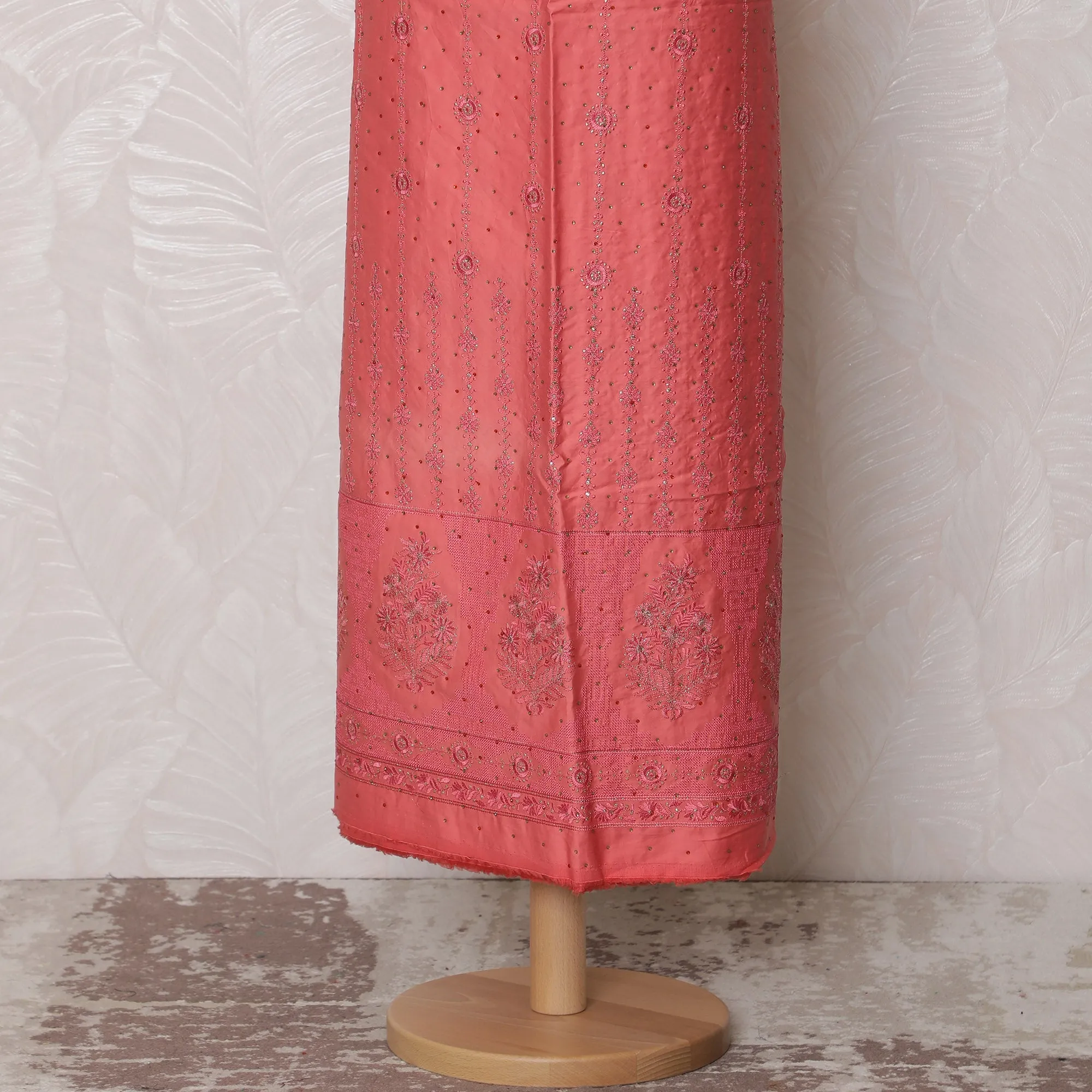 Graceful Coral Pink Blended Cotton Fabric with Embroidery - 110 cm Width X 3.0 Mtrs-D19767