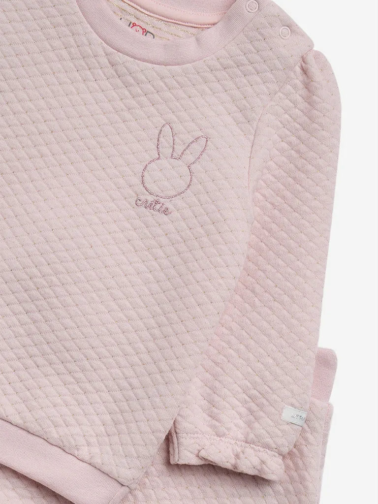 HOP Baby Pink Quilted Cotton Blend Sweatshirt and Joggers Set