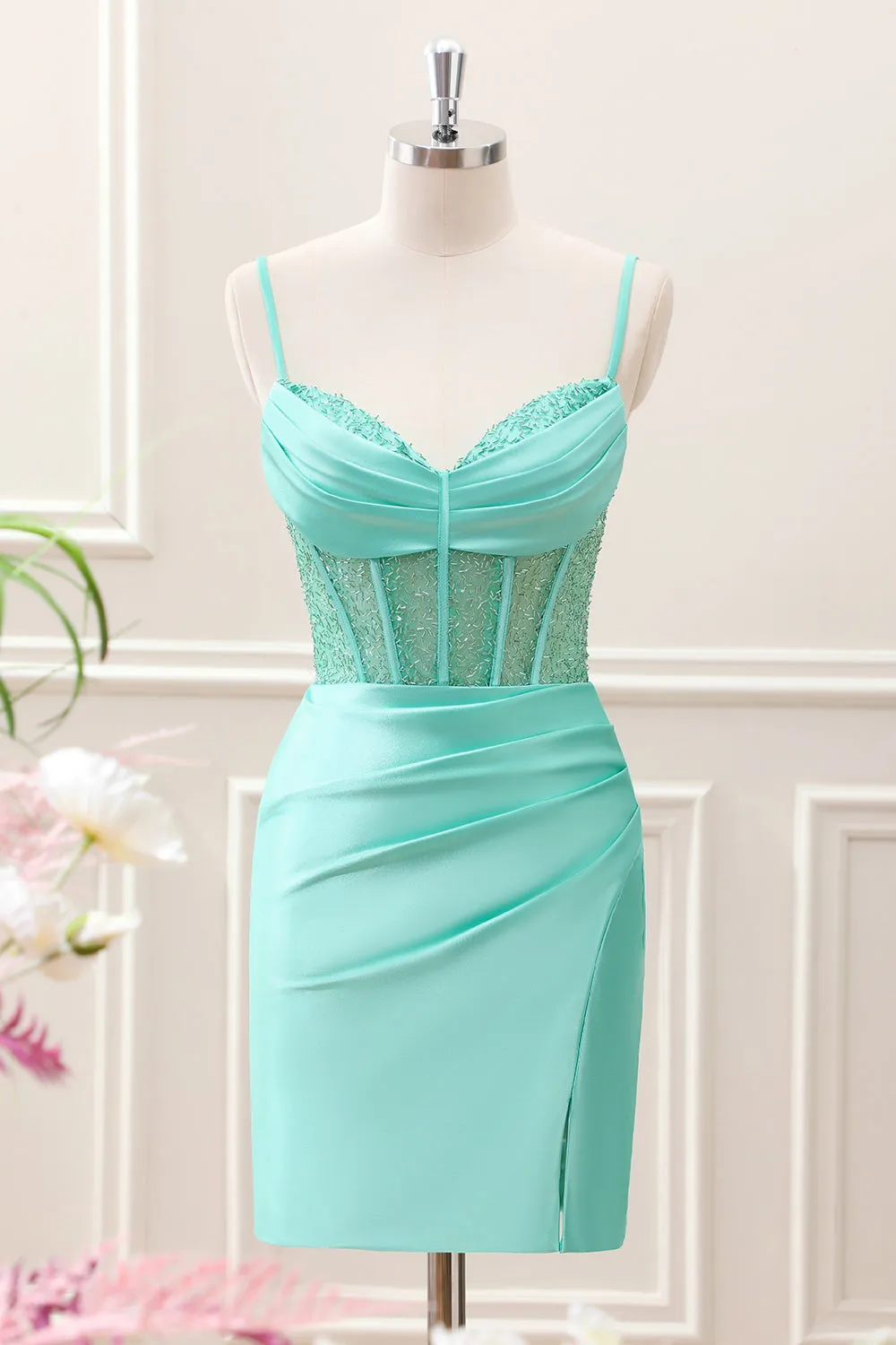 Light Green Spaghetti Straps Bodycon Corset Satin Mini Dress with Slit