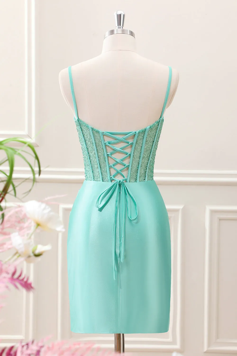 Light Green Spaghetti Straps Bodycon Corset Satin Mini Dress with Slit