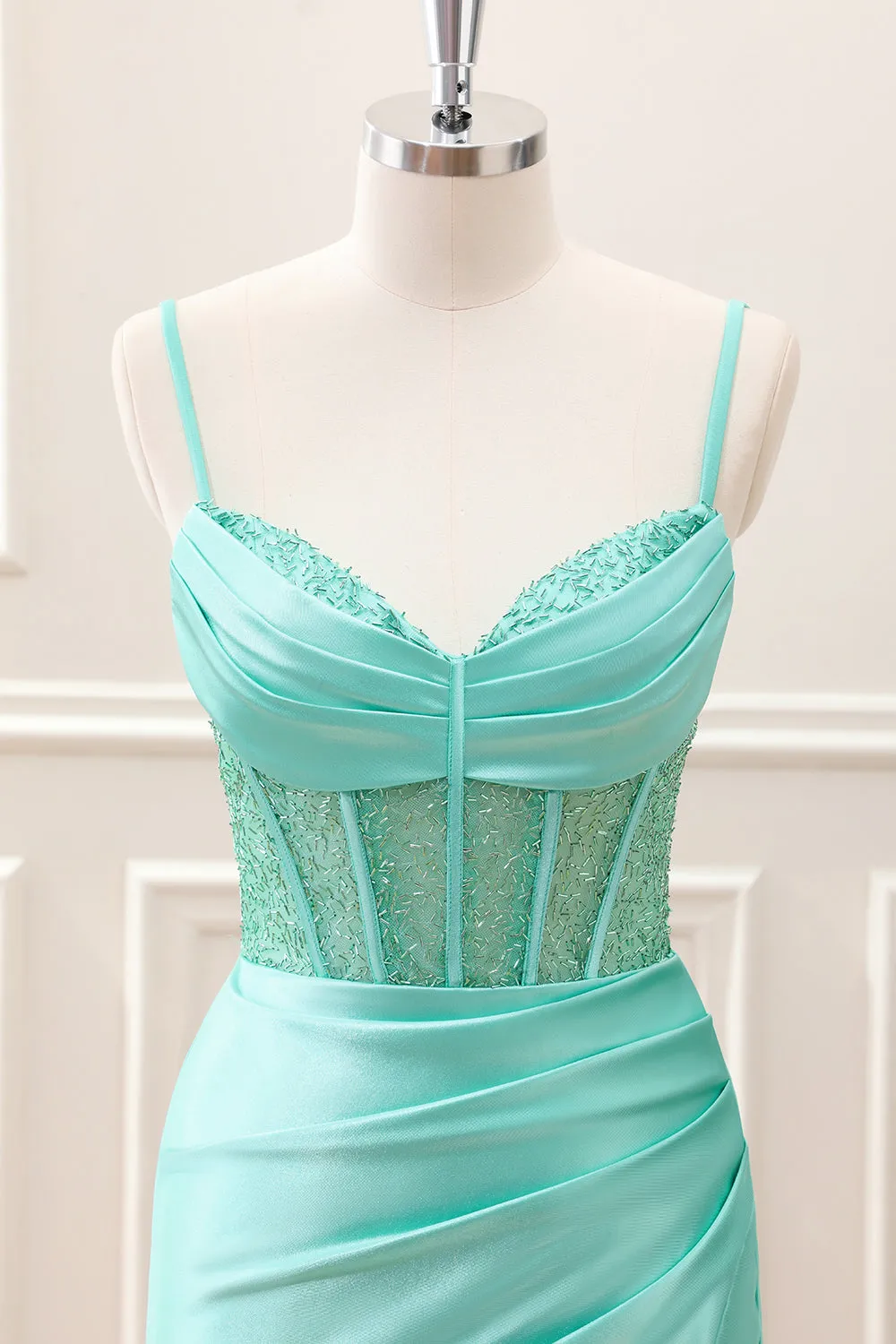 Light Green Spaghetti Straps Bodycon Corset Satin Mini Dress with Slit