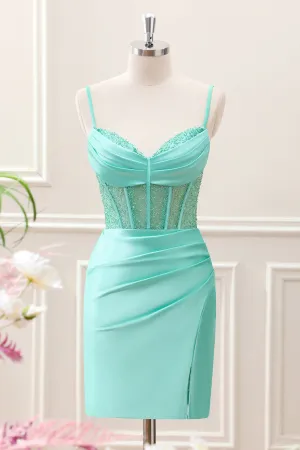 Light Green Spaghetti Straps Bodycon Corset Satin Mini Dress with Slit