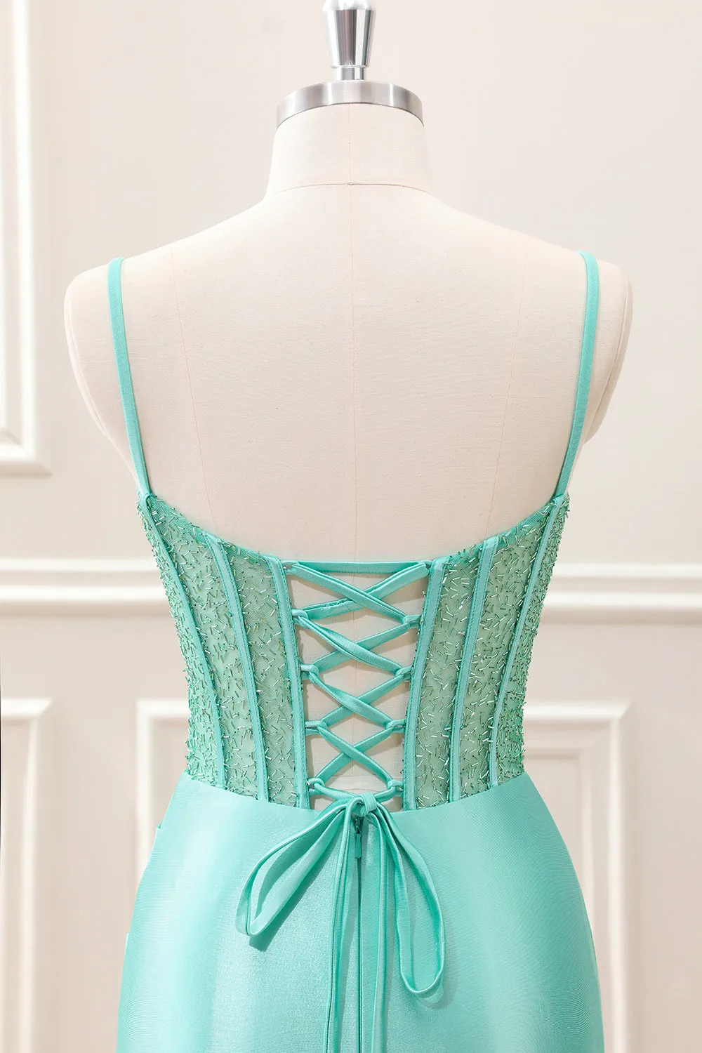 Light Green Spaghetti Straps Bodycon Corset Satin Mini Dress with Slit