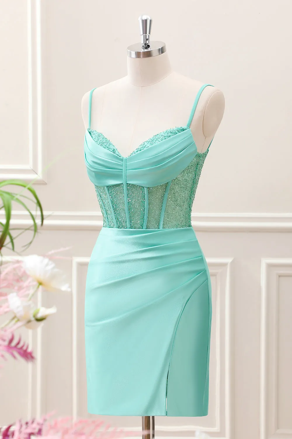 Light Green Spaghetti Straps Bodycon Corset Satin Mini Dress with Slit